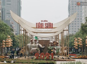 Image: A close-up of Nguyen Hue Flower Street Tan Suu 2021 is rushing to complete, suddenly a Metro train car appears