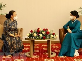 Image: President's spouse receives representatives of Lao-Vietnamese bilingual language school